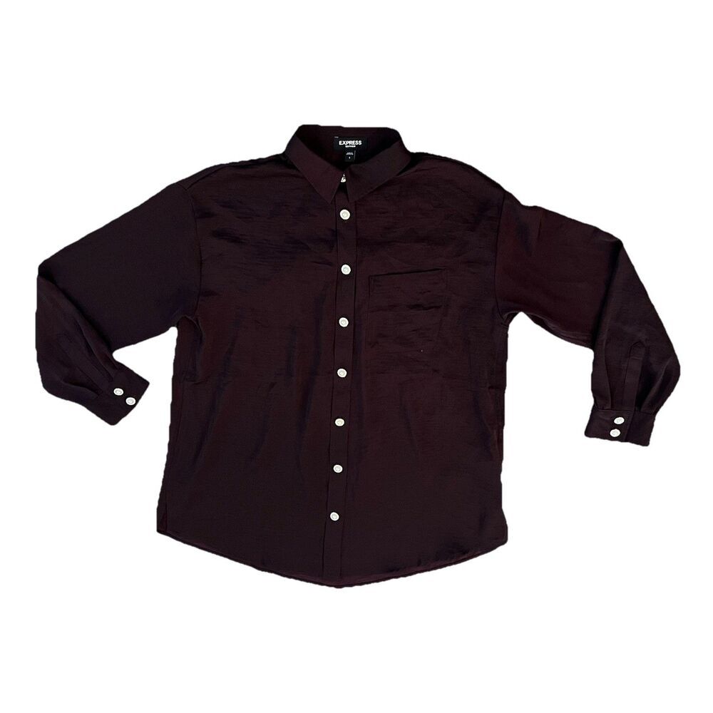 Express Women’s Button Up Top Small Burgundy Boyfriend Satin Oversized Career
